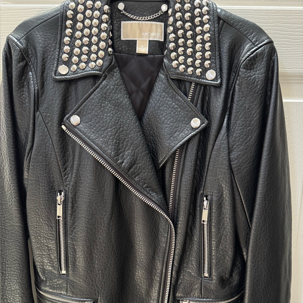 Michael Kors Black Leather Moto Jacket with Studded Collar